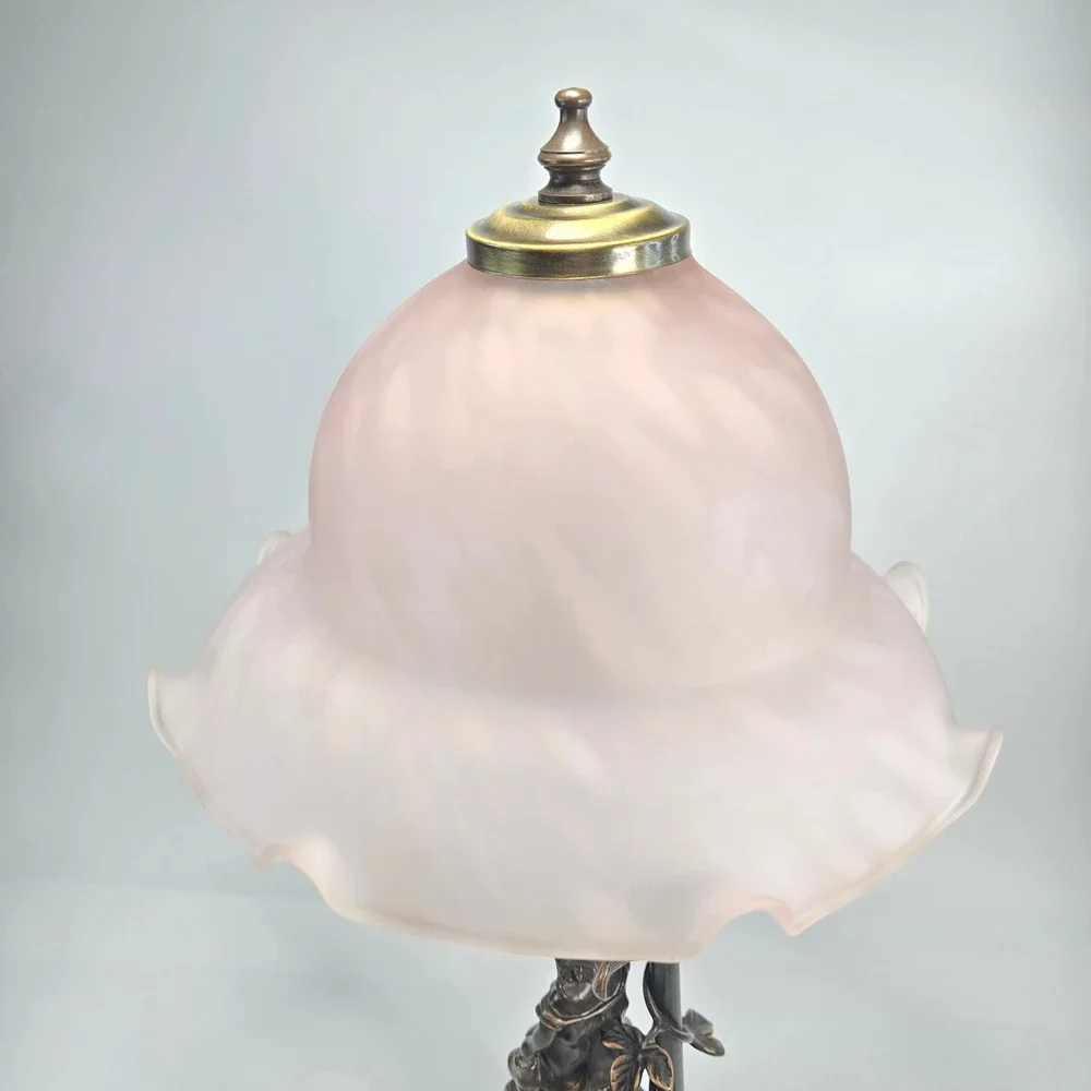 Vintage Juan Clara Bronze Statue Girl on Chair Table Lamp Pink Frost Glass Shade